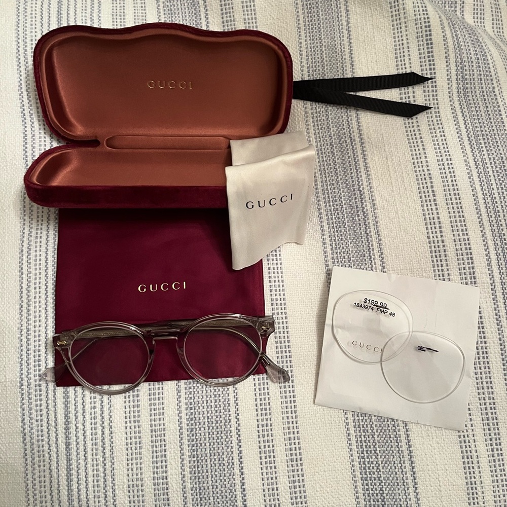 Gucci Transparent Round Optical Glasses with Burgundy Case & Ivory Cloth